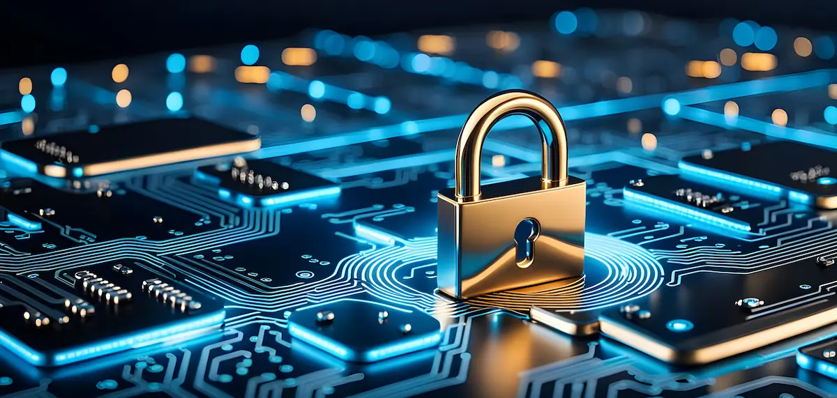 Abstract digital lock over circuit board representing compliance-aligned cybersecurity