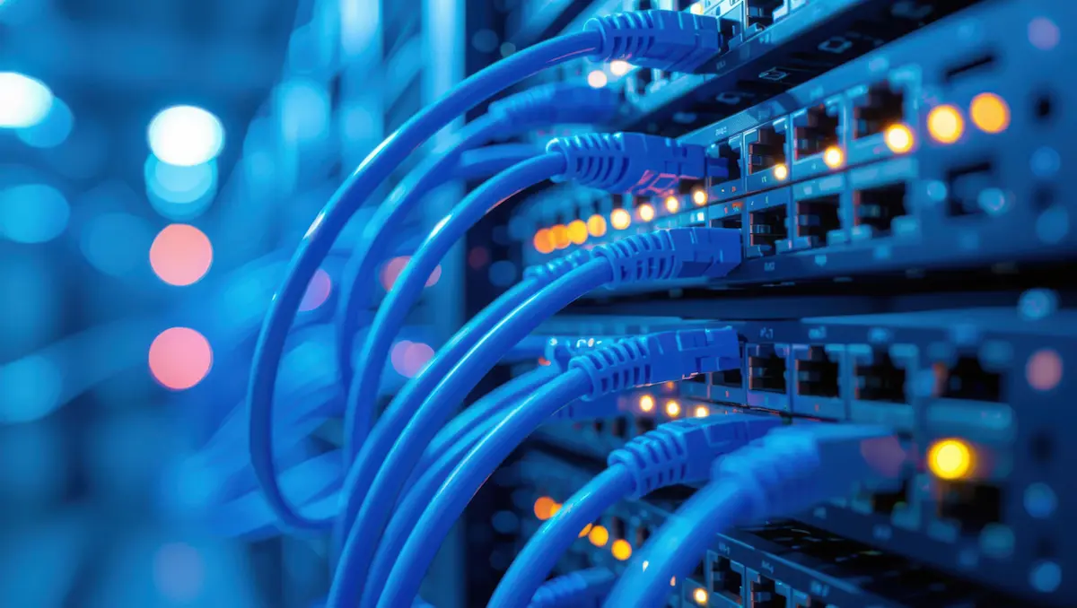 Blue patch cables on network switch representing LAN/WAN/Wi-Fi infrastructure
